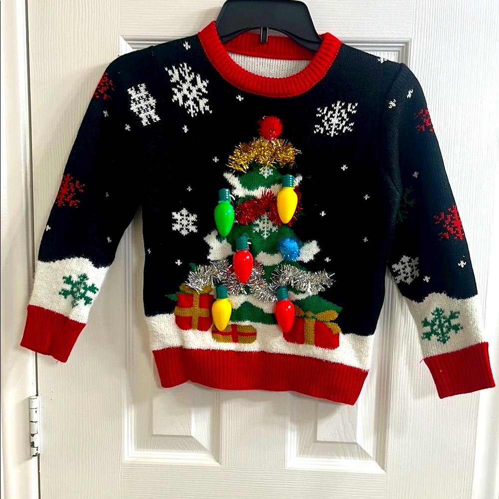 Festive Black Christmas Sweater with Tree Design New